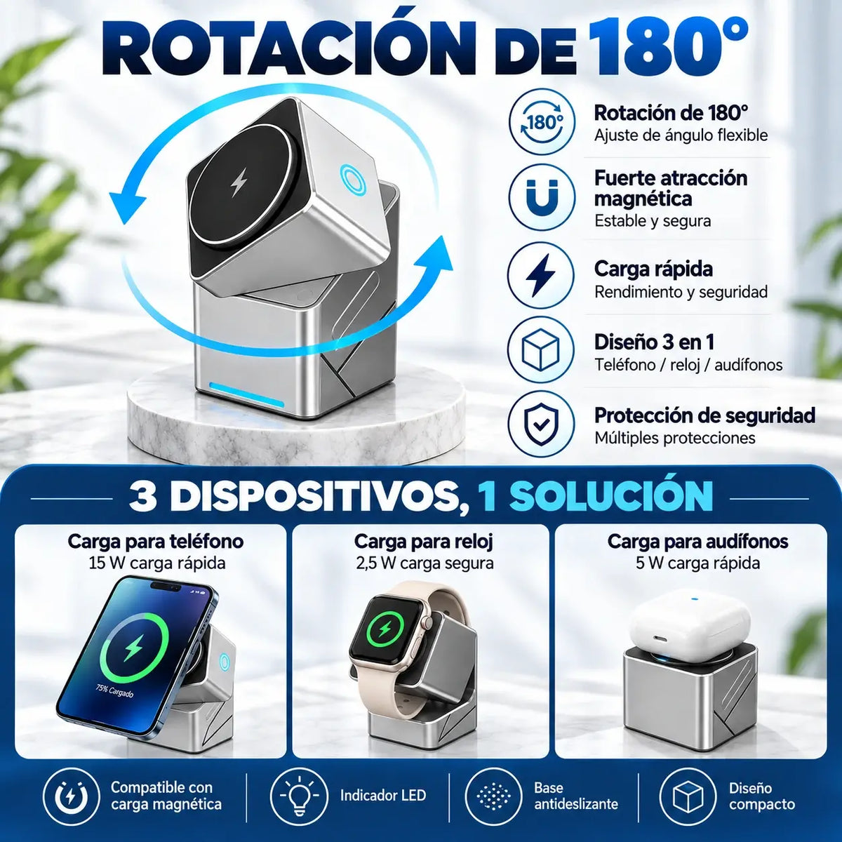 🔥 50% de descuento | Estación de carga inalámbrica magnética 3 en 1, plegable y compacta