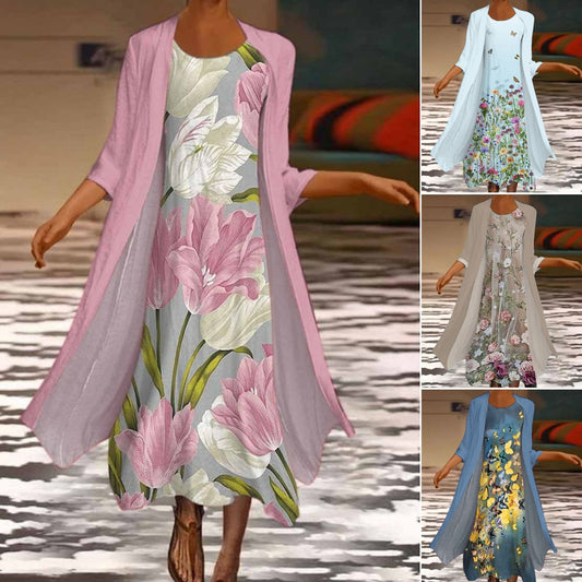 🌻 Descuento -50% 🔥🔥【40-120 kg】Nuevo vestido de mujer con estampado floral, vestido de dos piezas con escote redondo ✅Pago contra entrega ✅2 artículos con 70% de descuento