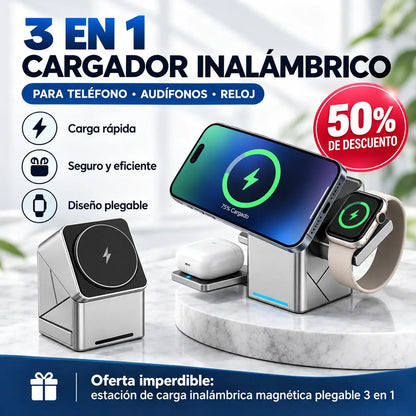 🔥 50% de descuento | Estación de carga inalámbrica magnética 3 en 1, plegable y compacta