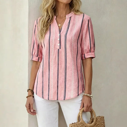 👚 【50% zniżki na oferty sezonowe】Letnia bluzka z krótkim rękawem wykonana z bawełny i lnu, w paski, z przewiewnego materiału