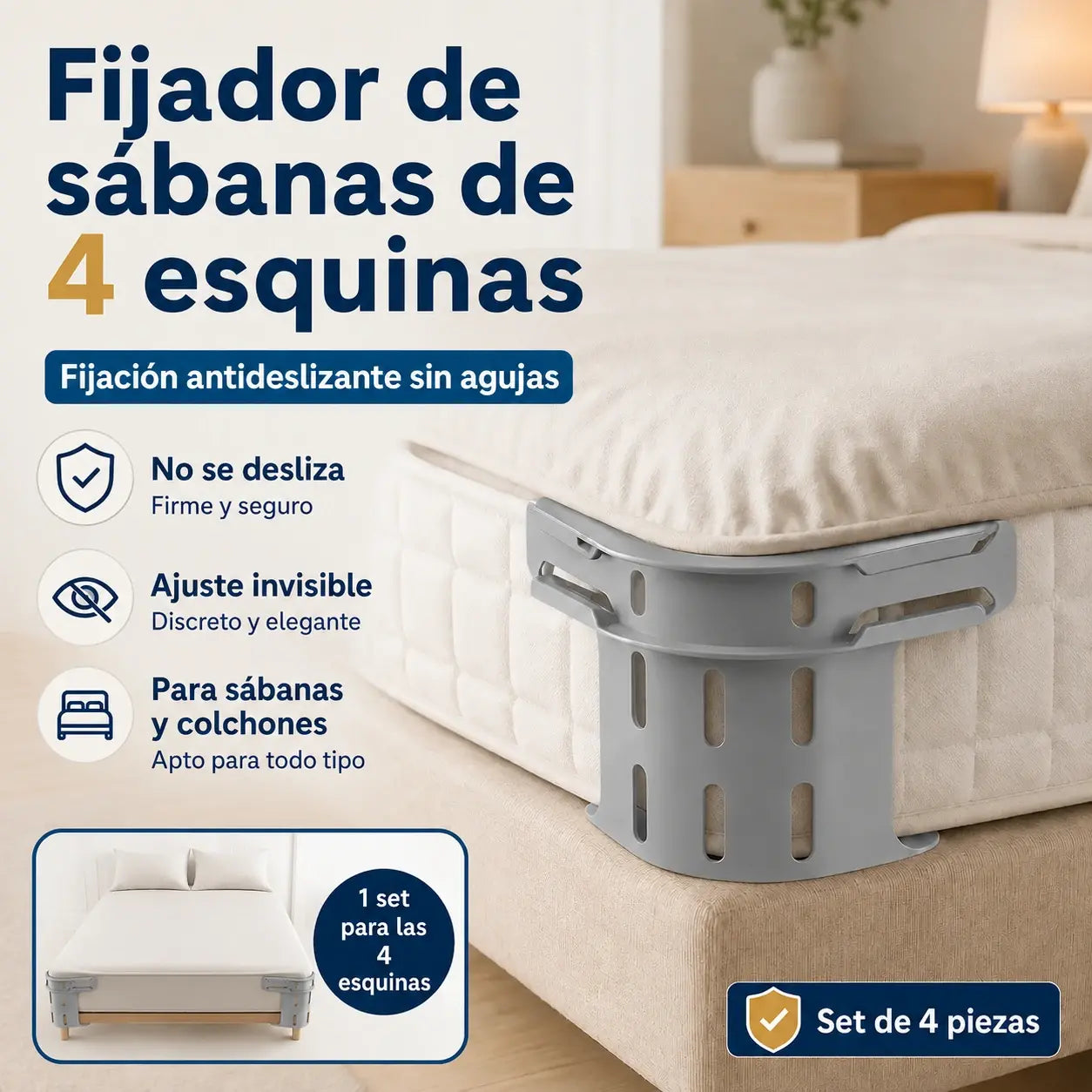 🛏️ Clips ocultos para las cuatro esquinas de la sábana – evitan que las sábanas se desplacen o resbalen, manteniéndolas lisas y bien sujetas.