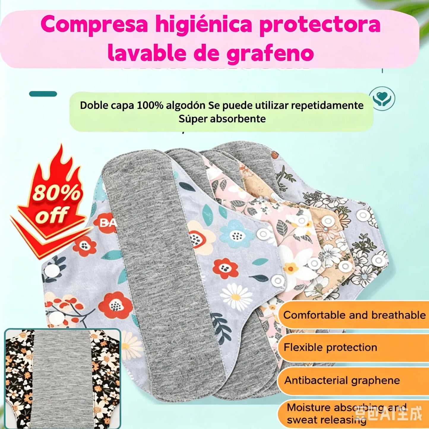 【5 piezas】Almohadilla antibacteriana de algodón y grafeno lavable