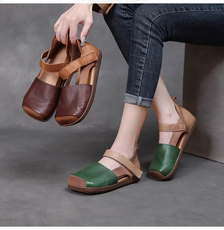 🔥👡【35-40】😇Ženske ravne sandale, retro četvrtasti vrh, od prvog sloja kože, nova ljetna kolekcija