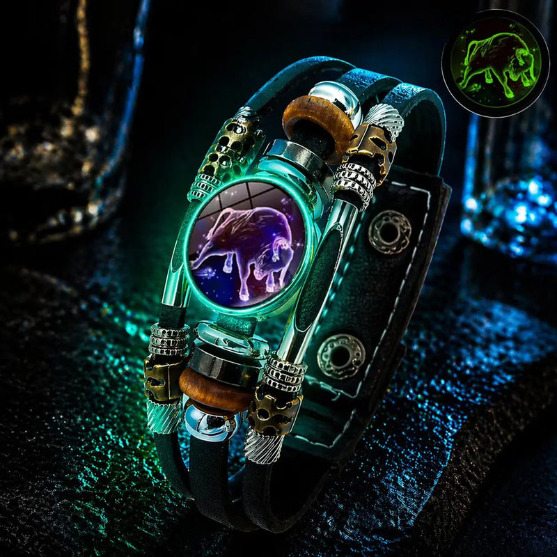 Świecąca skórzana bransoletka z symbolem zodiaku – 3-warstwowy pleciony, regulowana długość, unisex