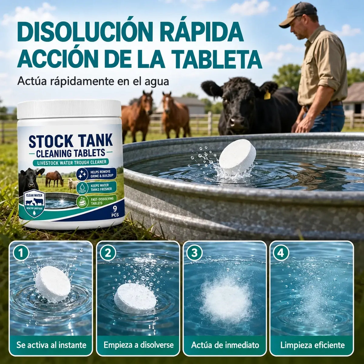 Pastillas de disolución rápida para la limpieza de tanques de agua para ganado