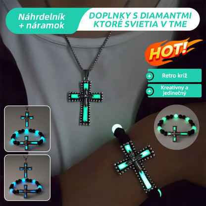 ✨Un conjunto de collar y pulsera retro de hip-hop únicos con una cruz, tachonada con diamantes de imitación y que brilla en la oscuridad.✨