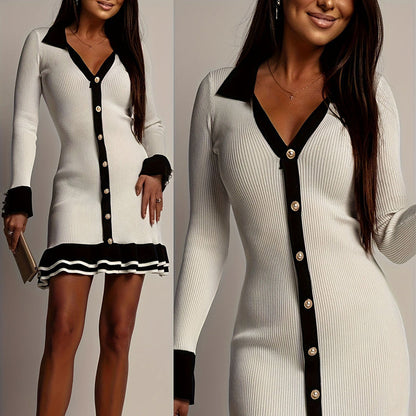 👗Nova elegantna pletena haljina visokog struka s dugim rukavima i volanima za jesen/zimu