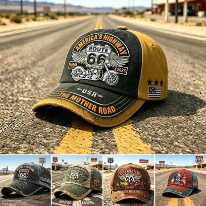 Regulowana czapka baseballowa w stylu retro Route 66, idealny wybór dla miłośników kolarstwa.