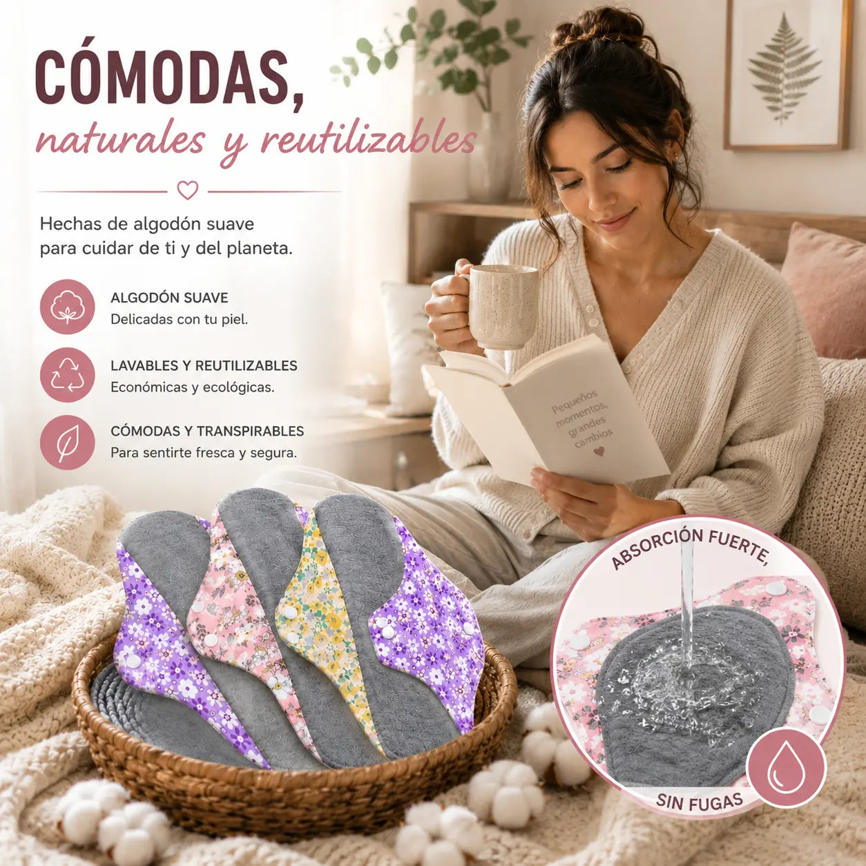 【5 piezas】Almohadilla antibacteriana de algodón y grafeno lavable