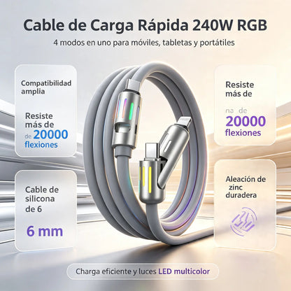 🔥 【2 unidades por 26 euros】 🔥 (2 metros de largo) Cable 4 en 1 PD 240 W – Carga rápida USB‑C, Lightning y USB‑A, aluminio y silicona, sincronización de datos ⚡📱