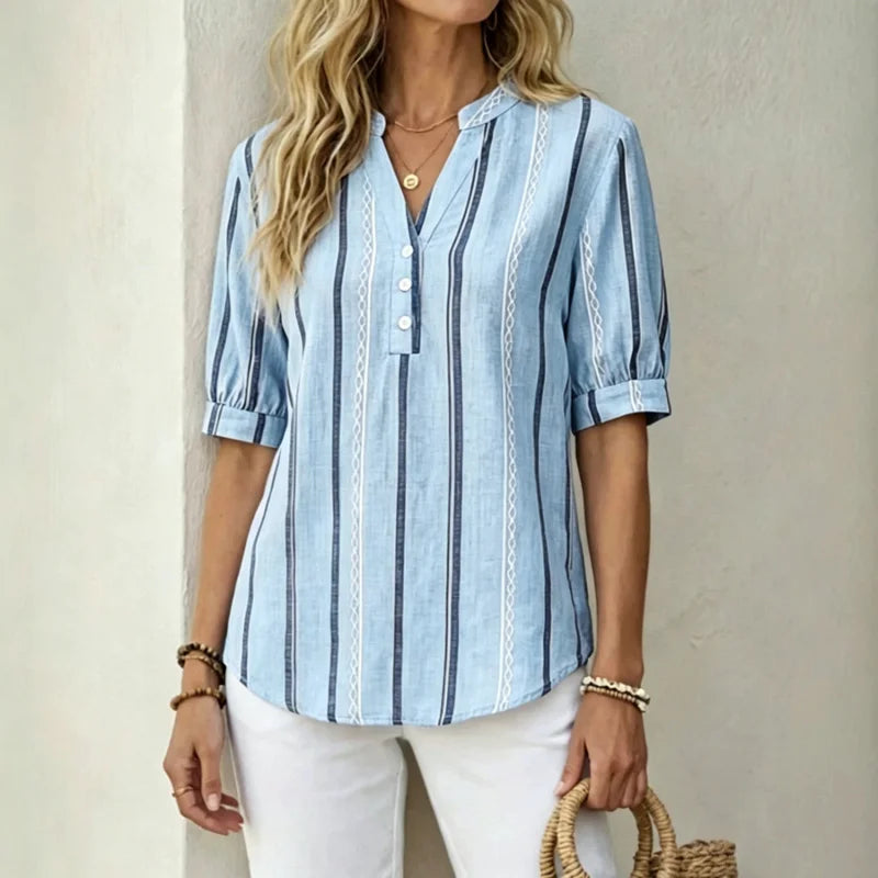 👚 【50% zniżki na oferty sezonowe】Letnia bluzka z krótkim rękawem wykonana z bawełny i lnu, w paski, z przewiewnego materiału