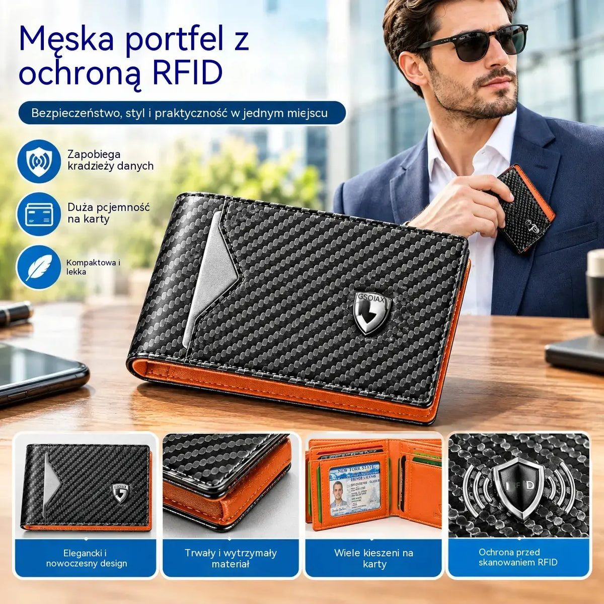 Portfel męski antykradzieżowy z ochroną RFID