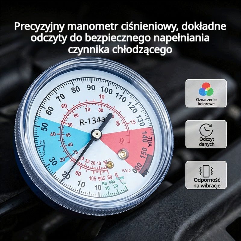 🔧❄️ Wąż do napełniania czynnikiem chłodniczym AC R134a z manometrem – szczelny, łatwy do odczytu, kompatybilny z samochodami, ciężarówkami i domową klimatyzacją – bezpieczne samodzielne napełnianie 🚗