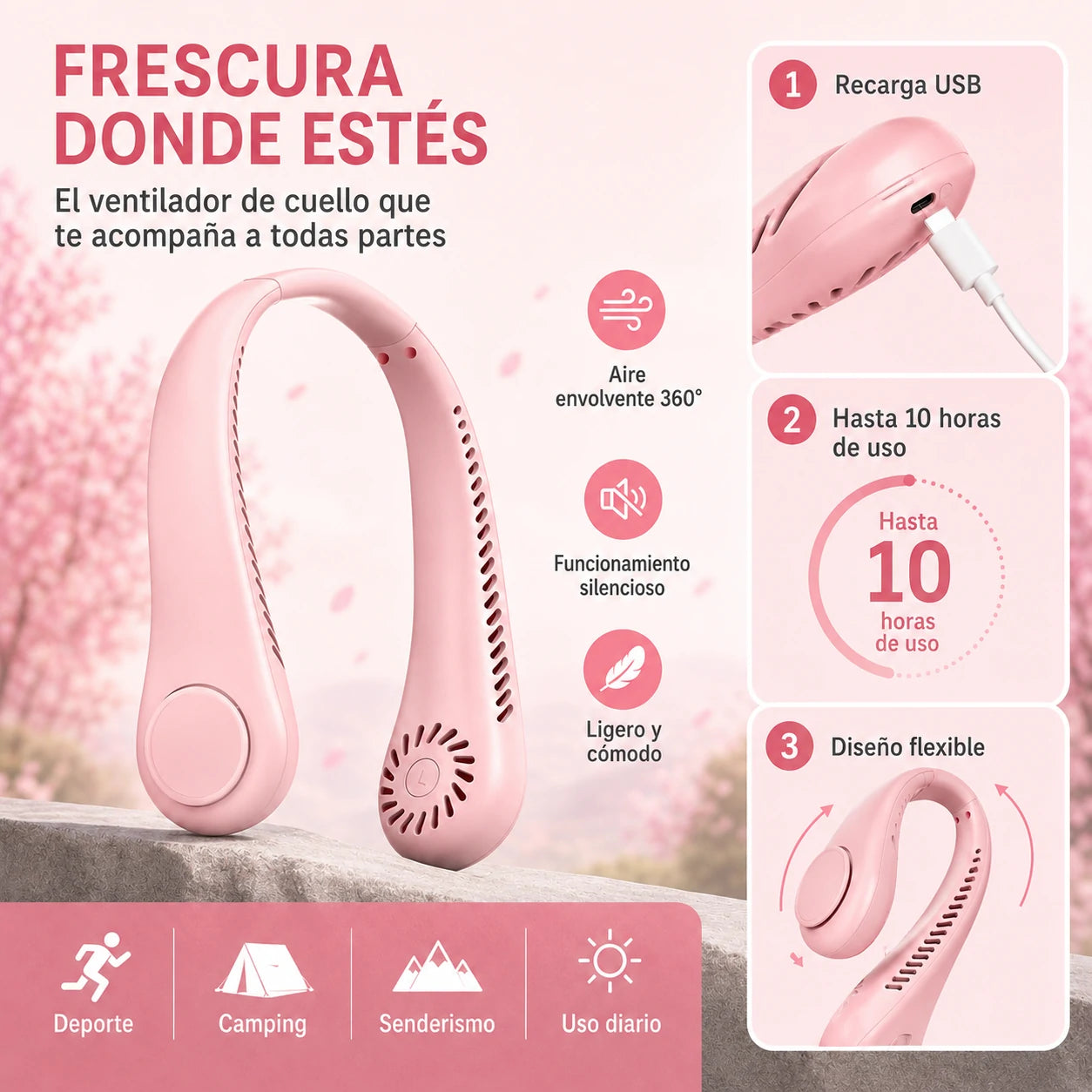 💨 Ventilador de cuello con aire frío – Ultrasilencioso, portátil y con rotación de 360° – Ideal para el verano 🌞