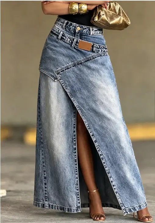 🥇【S-3XL】Ženska traper maxi suknja sa slojevitim strukom, širok kroj, elegantan dizajn