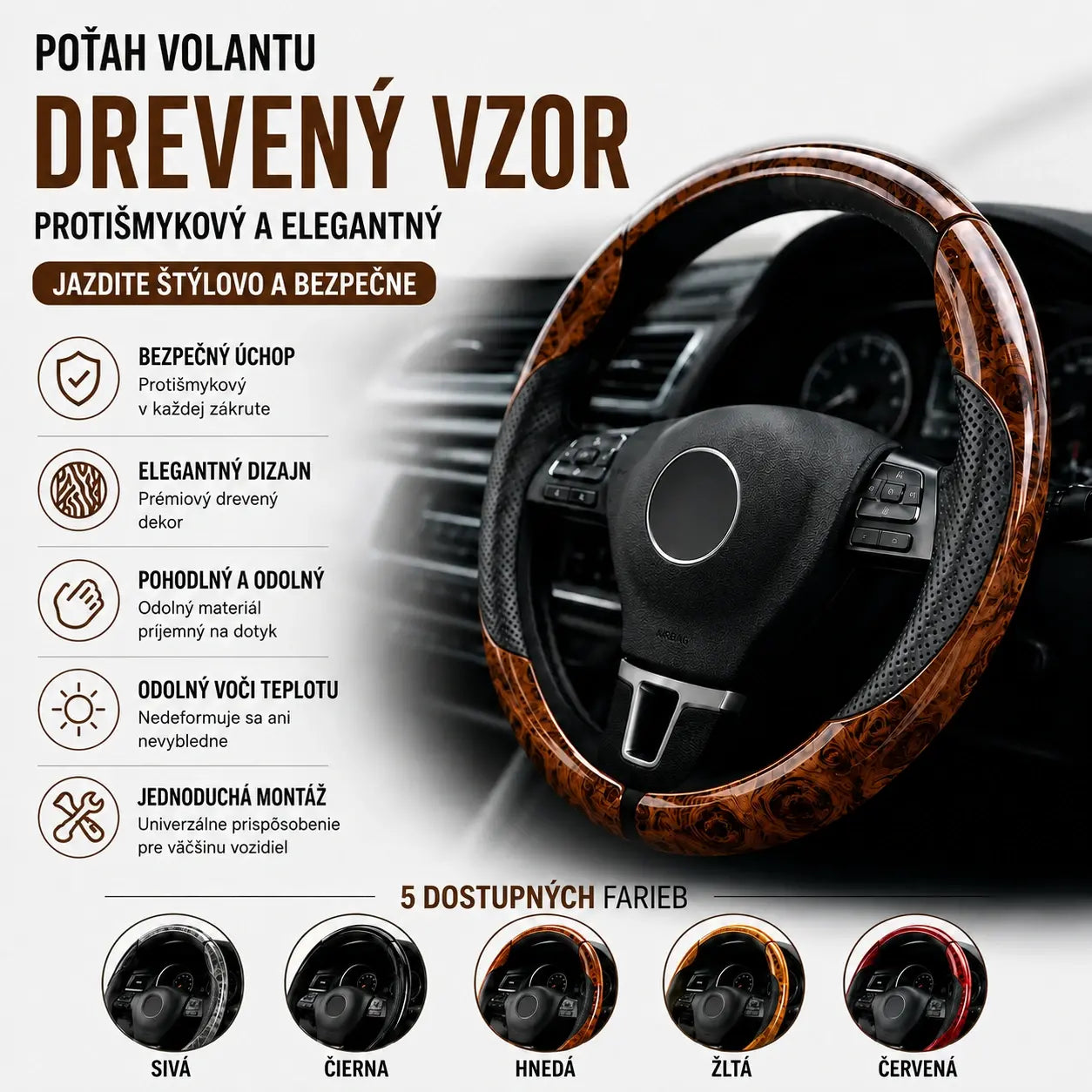 【1 súprava / 3 kusy】Protišmykový poťah na volant auta so vzorom dreva