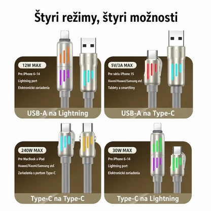 🔥 【2 kusy za 22 €】 🔥 (dĺžka 2 metre) Kábel 4 v 1 PD 240 W – rýchle nabíjanie cez USB-C, Lightning a USB-A, hliník a silikón, synchronizácia dát ⚡📱