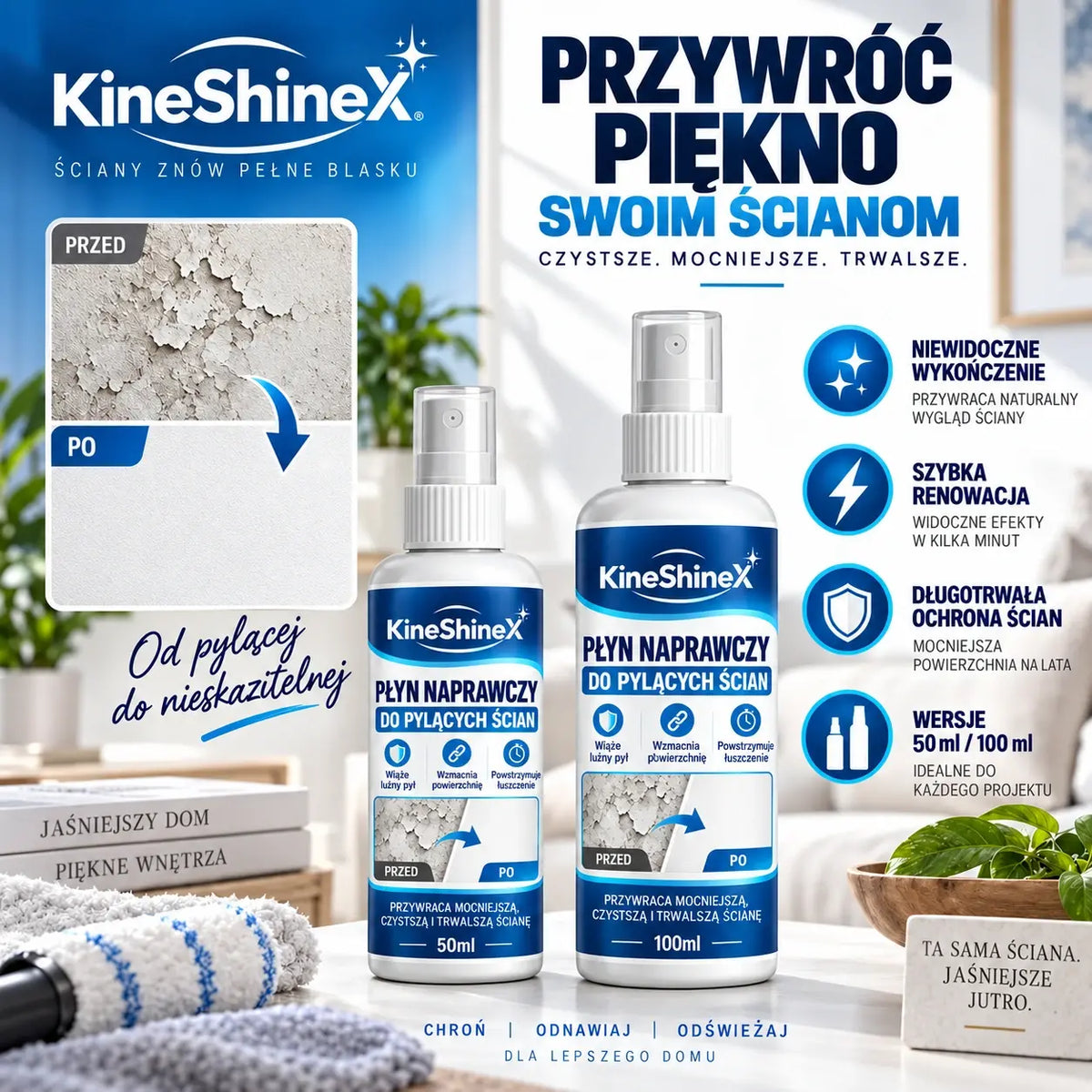 🏆 100 ml + 50 ml (2 butelki) 💥 Płynny preparat do naprawy i wzmacniania ścian — łączy funkcje szpachlowania, uszczelniania i wzmacniania w jednym produkcie.