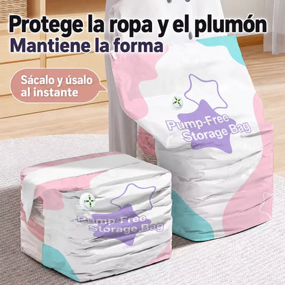 🧳【Juego de 5 piezas】💨 Bolsa de almacenamiento al vacío grande y compresible: no requiere bomba, es a prueba de fugas e ideal para ahorrar espacio en maletas y en casa ✈️