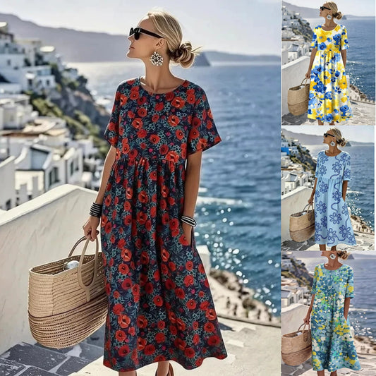 👗【S-4XL】Letnia sukienka casual z nadrukiem 2026, okrągły dekolt, z kieszeniami – płatność przy odbiorze