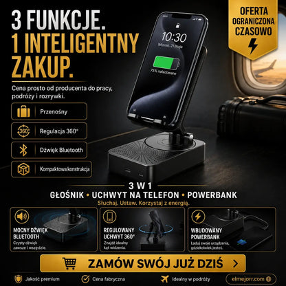 3 w 1: Głośnik Bluetooth + Ładowarka + Uchwyt na telefon obracany o 360°