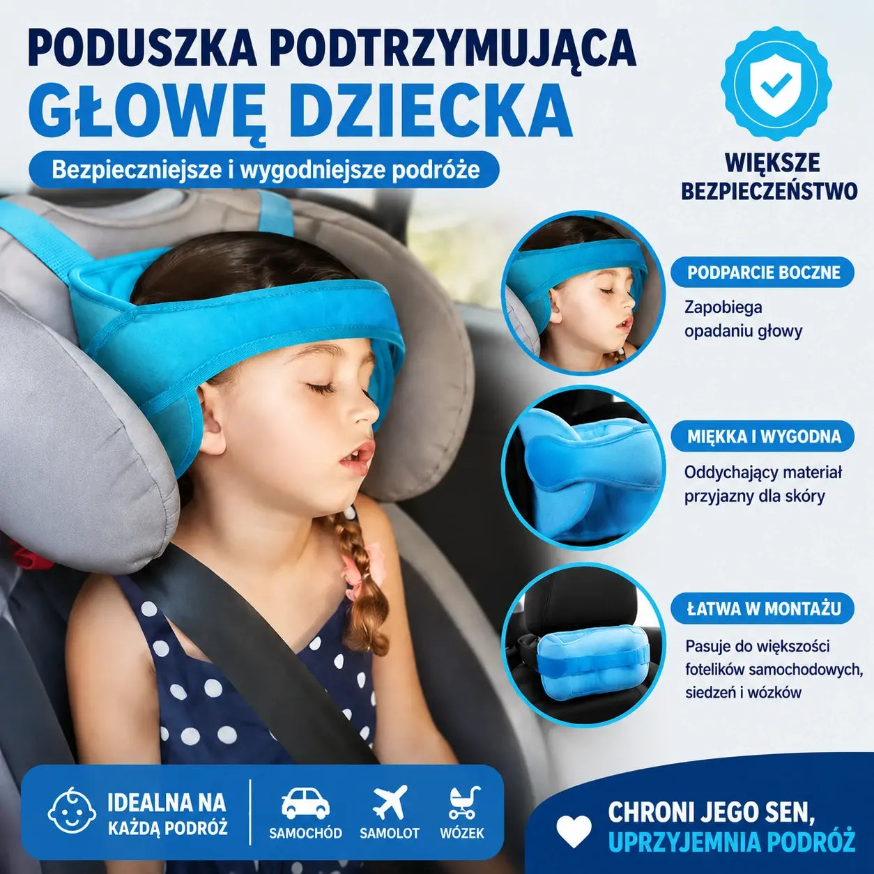 Zagłówek do spania w samochodzie – regulowany, miękki i zapewniający dobre podparcie.