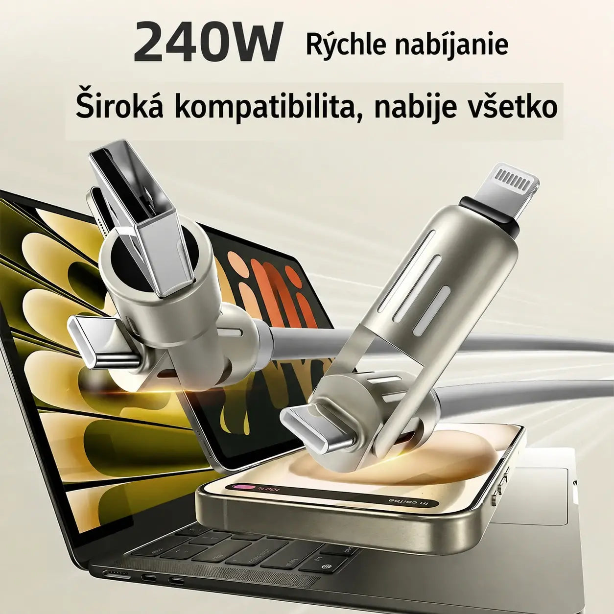 🔥 【2 kusy za 22 €】 🔥 (dĺžka 2 metre) Kábel 4 v 1 PD 240 W – rýchle nabíjanie cez USB-C, Lightning a USB-A, hliník a silikón, synchronizácia dát ⚡📱