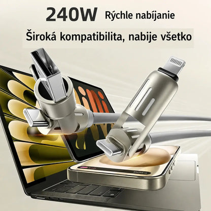 🔥 【2 kusy za 22 €】 🔥 (dĺžka 2 metre) Kábel 4 v 1 PD 240 W – rýchle nabíjanie cez USB-C, Lightning a USB-A, hliník a silikón, synchronizácia dát ⚡📱
