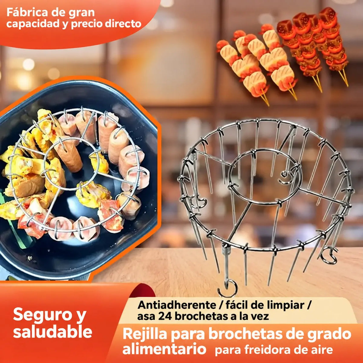 🍖🍗Parrilla de acero inoxidable 304 con 24 brochetas para horno freidora de aire