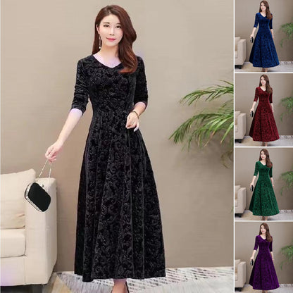 🔥✨️【M-4XL】Jesień Zima Nowy styl Moda Plus Rozmiar Elegancka złota aksamitna ciepła sukienka z długim rękawem