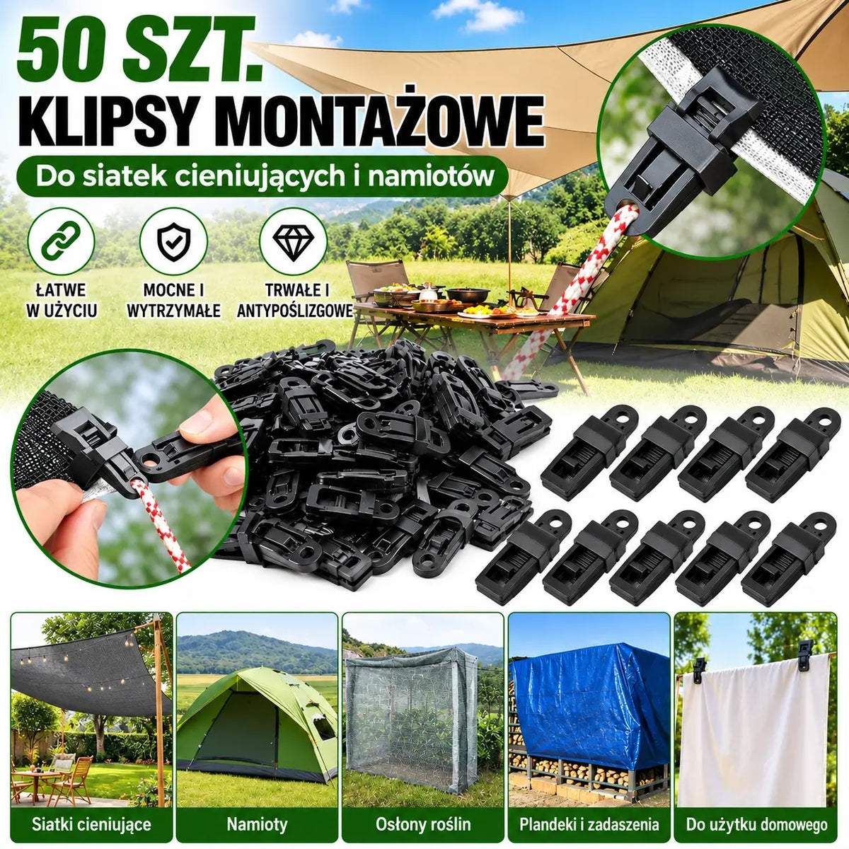 🏡🌿[50 sztuk] Klipsy mocujące do siatek zacieniających, klipsy mocujące do namiotów