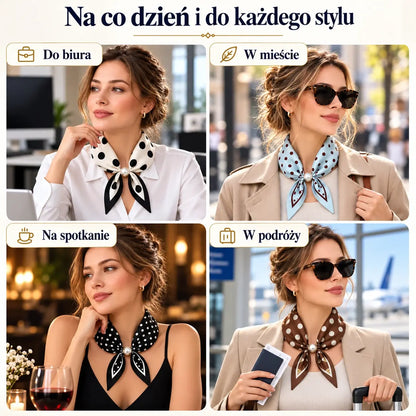 Zestaw 4 wąskich jedwabnych apaszek – elegancja i wyrafinowany styl na wiosnę i lato! Delikatny materiał, uniwersalne zastosowanie, idealne na szyję, do włosów lub jako ozdoba torebki!