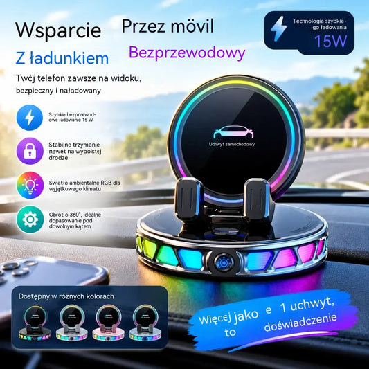 📱Uchwyt samochodowy RGB z automatycznym zaciskiem i ładowaniem bezprzewodowym 15 W