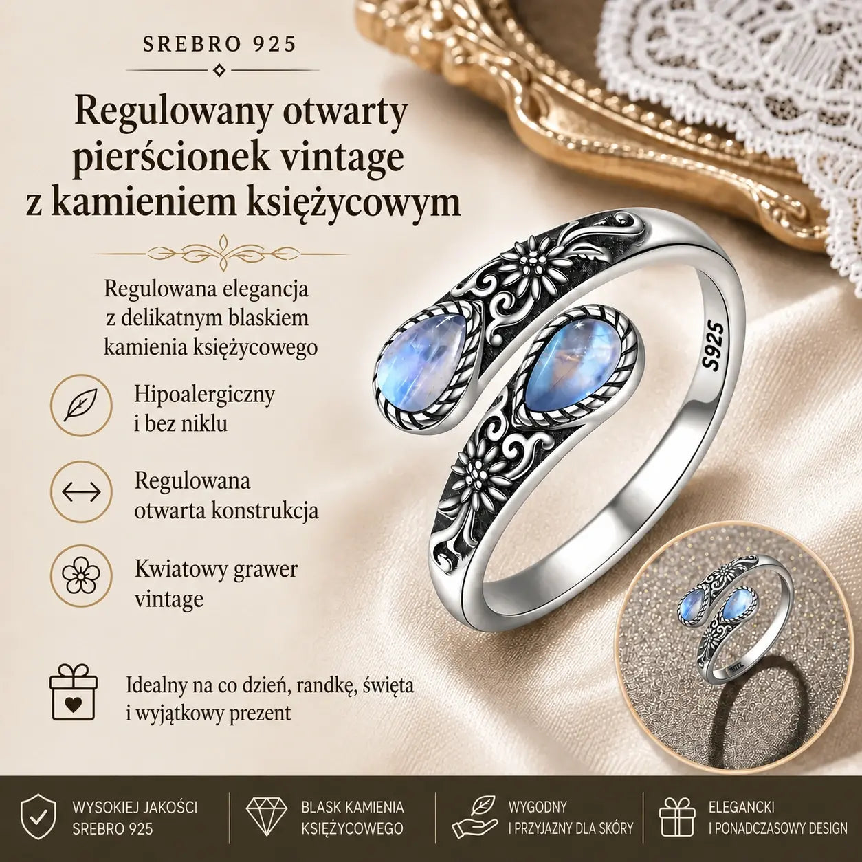 【Kup 1, a drugi otrzymasz gratis】Pierścionek z kwiatem i kamieniem księżycowym w stylu vintage. Regulowany rozmiar · Ponadczasowa elegancja