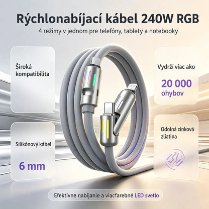 🔥 【2 kusy za 22 €】 🔥 (dĺžka 2 metre) Kábel 4 v 1 PD 240 W – rýchle nabíjanie cez USB-C, Lightning a USB-A, hliník a silikón, synchronizácia dát ⚡📱