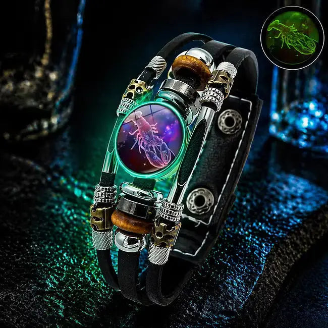 Świecąca skórzana bransoletka z symbolem zodiaku – 3-warstwowy pleciony, regulowana długość, unisex