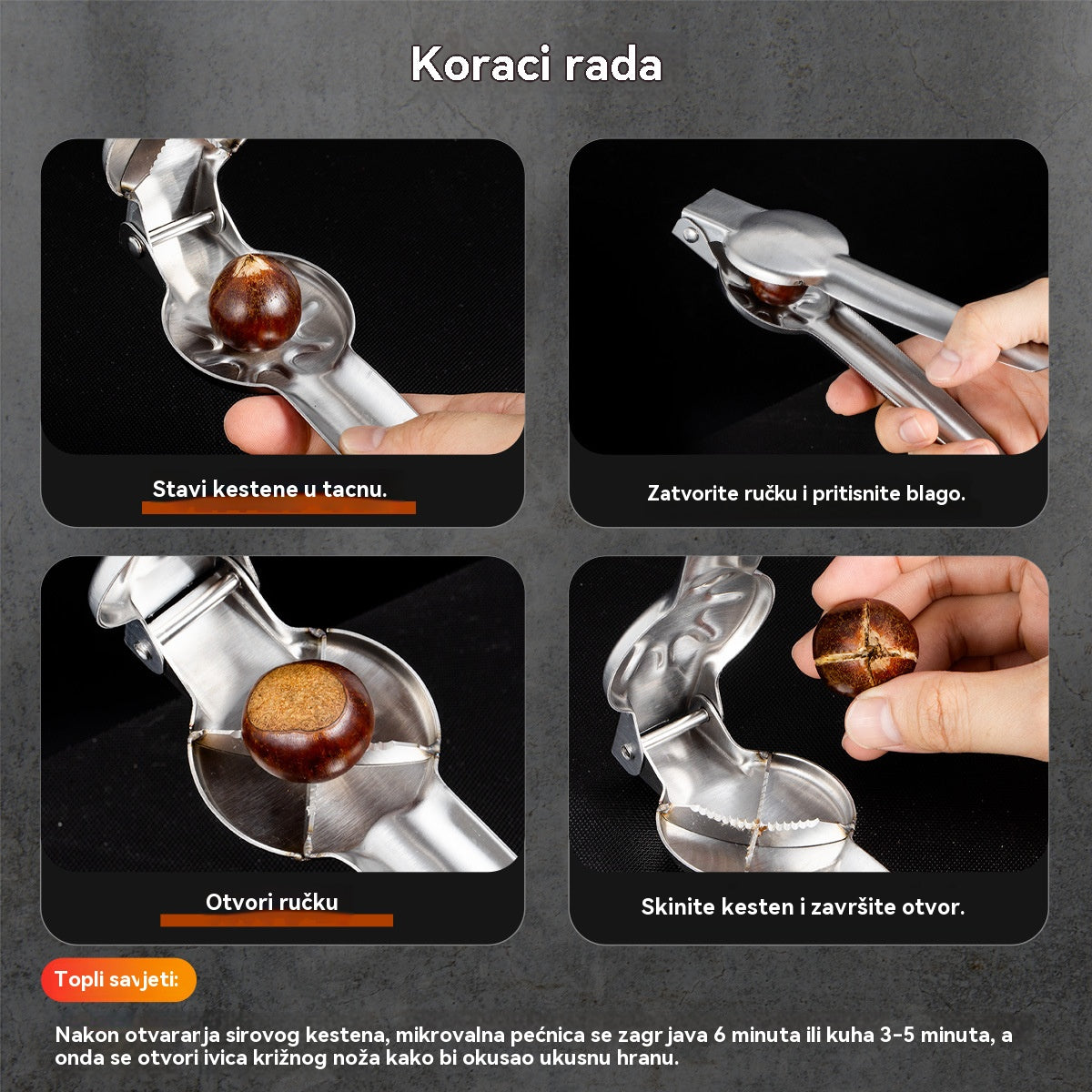 🌰【Vruća prodaja】🔥 Kućna kopča za otvaranje kestena, lako se otvara jednim dodirom bez ozljeđivanja ruku!