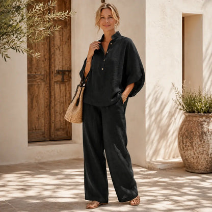 Maribel | Conjunto de lino con mangas murciélago y pantalón ancho