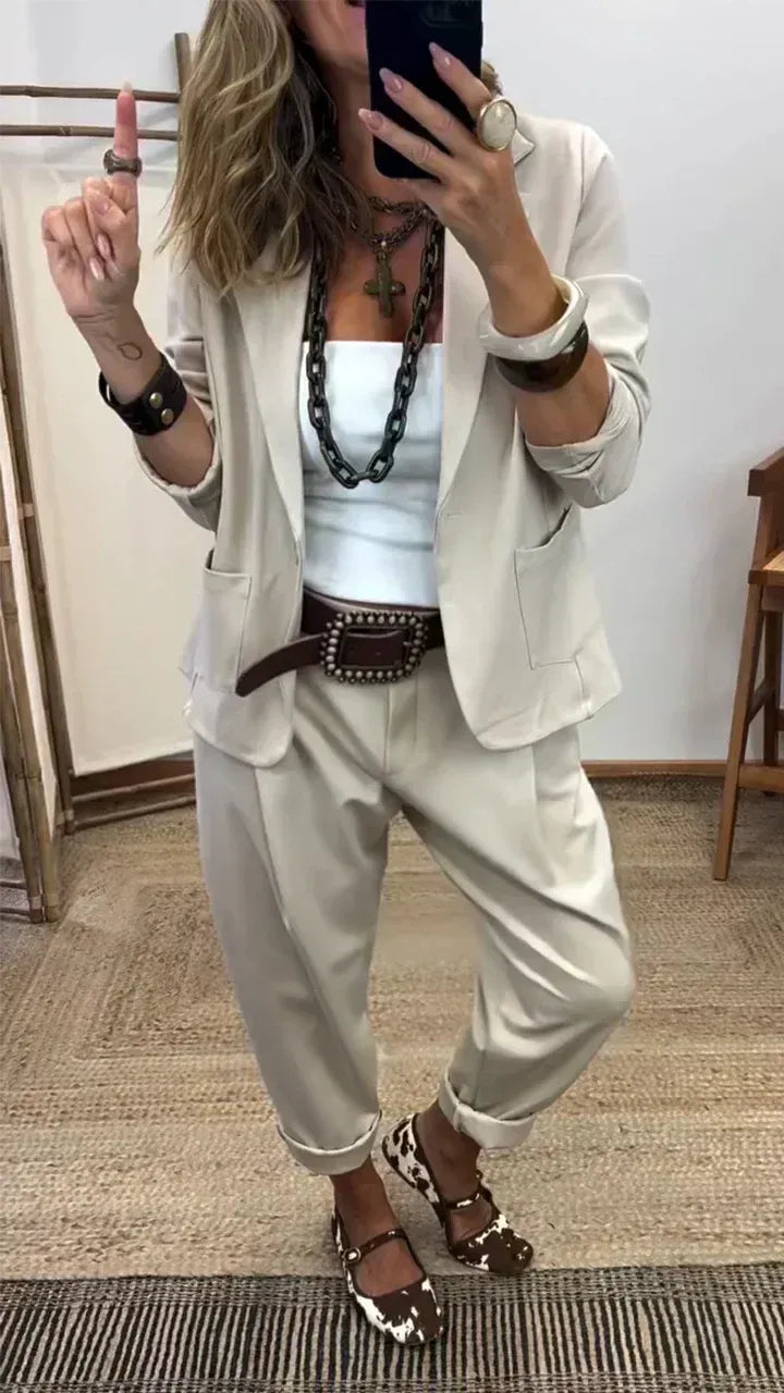 🔥50% отстъпка✨Дамски комплект яке и панталон с яка - Slim Fit, мека материя👖✨【40-100 кг】
