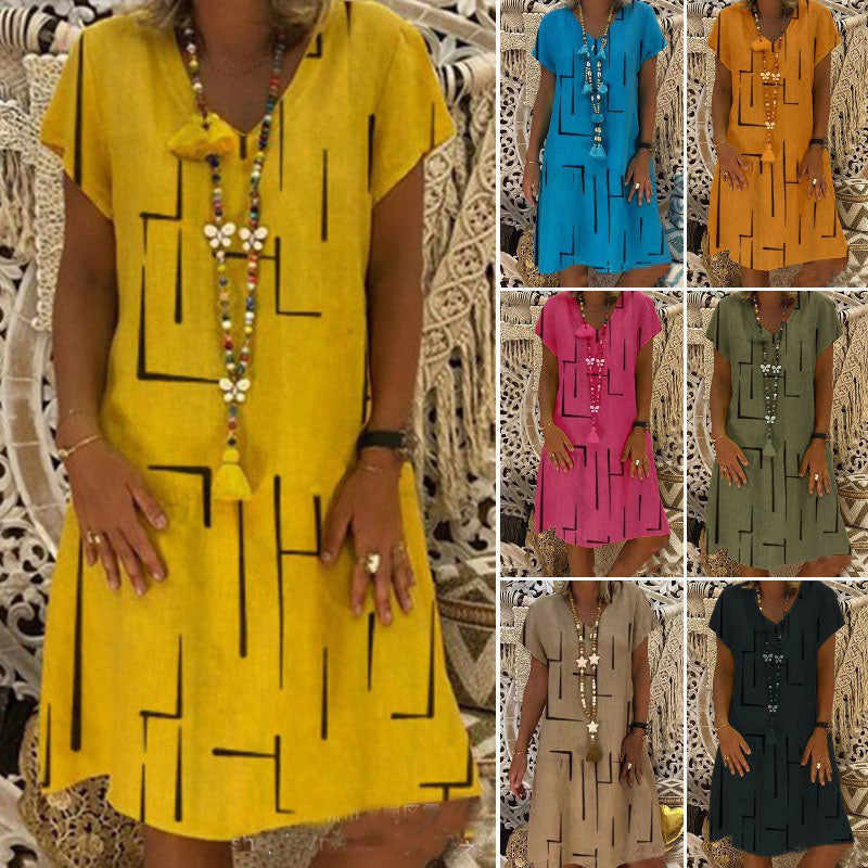 Płatność przy odbiorze👗【S-5XL】Bawełniana sukienka z nadrukiem i dekoltem w szpic