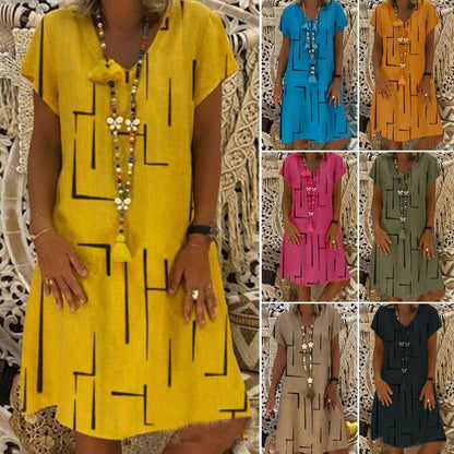 Płatność przy odbiorze👗【S-5XL】Bawełniana sukienka z nadrukiem i dekoltem w szpic