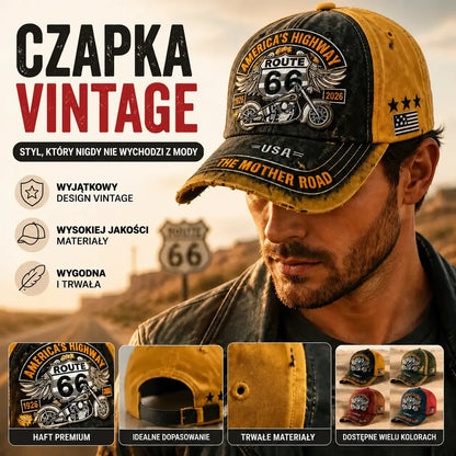 Regulowana czapka baseballowa w stylu retro Route 66, idealny wybór dla miłośników kolarstwa.