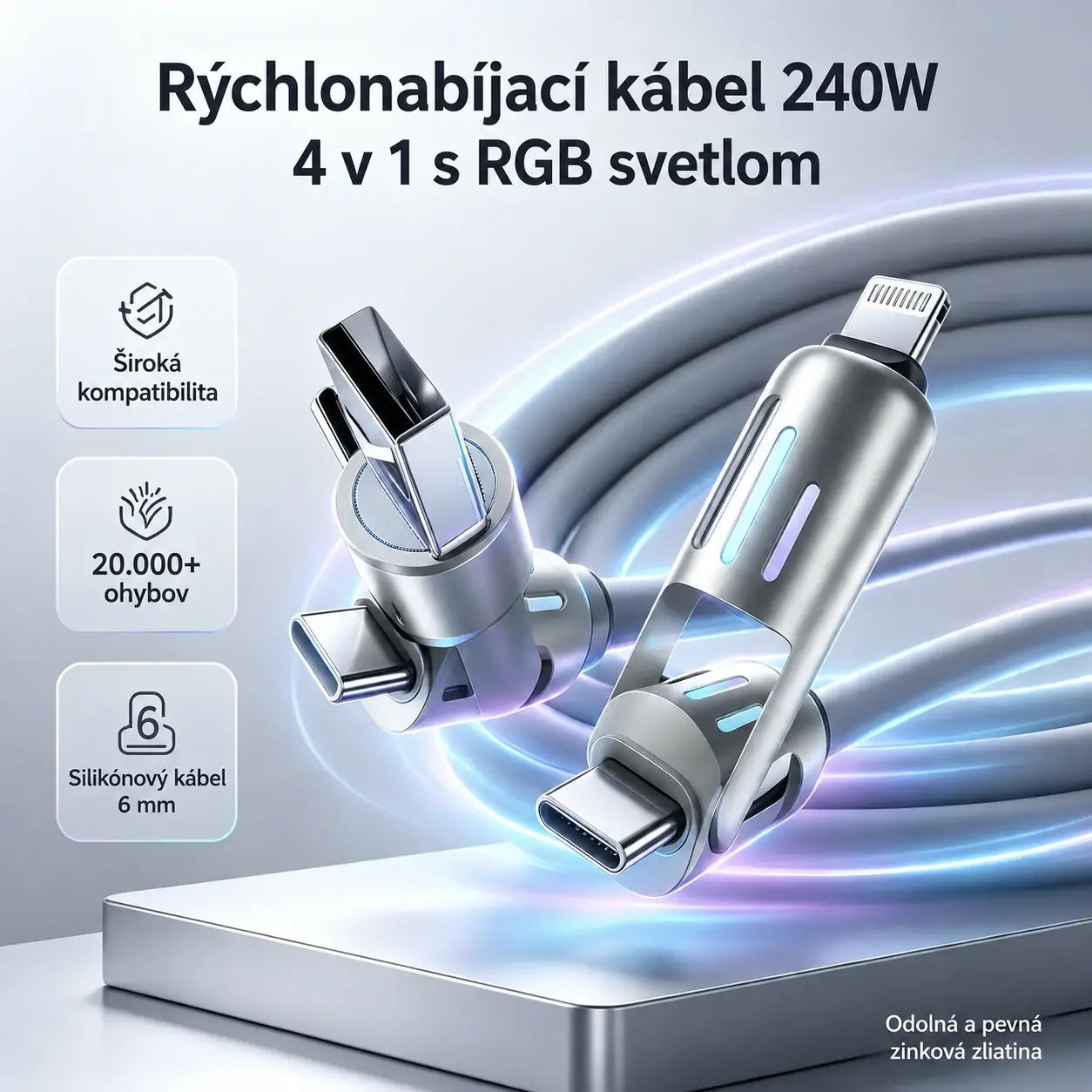🔥 【2 kusy za 22 €】 🔥 (dĺžka 2 metre) Kábel 4 v 1 PD 240 W – rýchle nabíjanie cez USB-C, Lightning a USB-A, hliník a silikón, synchronizácia dát ⚡📱