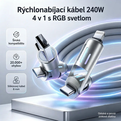🔥 【2 kusy za 22 €】 🔥 (dĺžka 2 metre) Kábel 4 v 1 PD 240 W – rýchle nabíjanie cez USB-C, Lightning a USB-A, hliník a silikón, synchronizácia dát ⚡📱