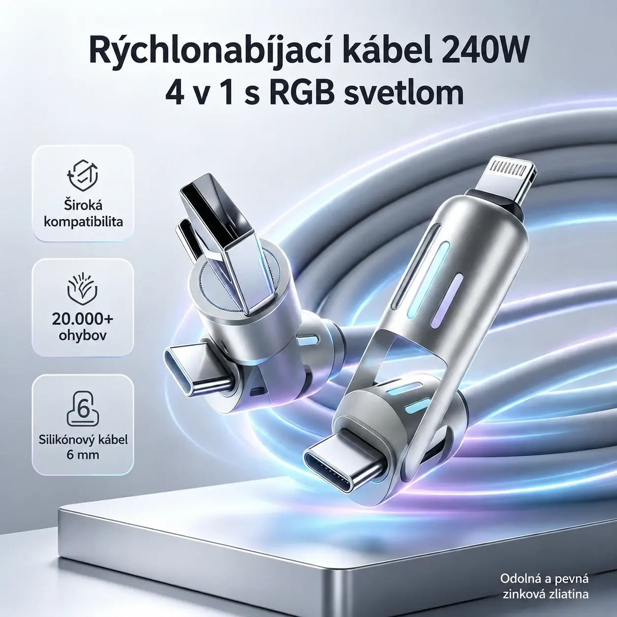 🔥 【2 sztuki za 99 zł】 🔥 (długość 2 m) Kabel 4 w 1 PD 240 W – szybkie ładowanie USB-C, Lightning i USB-A, aluminium i silikon, synchronizacja danych ⚡📱