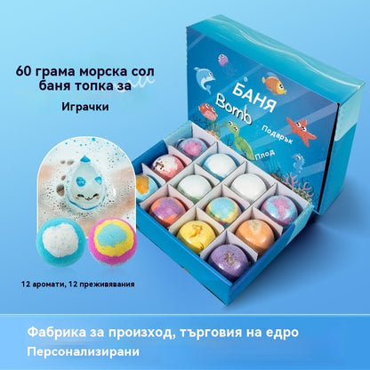 【12 броя 40 евро】Комплект от 12 топчета сол за вана във формата на морски животни (60 г всяка) за деца.