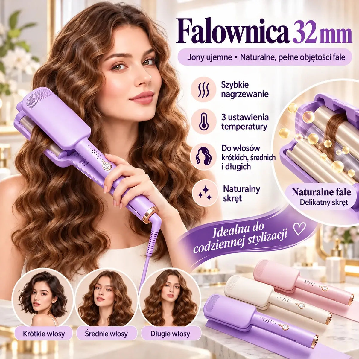 Lokówka do włosów 32 mm – idealna do tworzenia dużych, sprężystych loków i naturalnych fal. 4 poziomy regulacji temperatury oraz technologia jonów ujemnych. Uzyskaj efekt fryzury jak z salonu w zaciszu własnego domu. 💇‍♀️