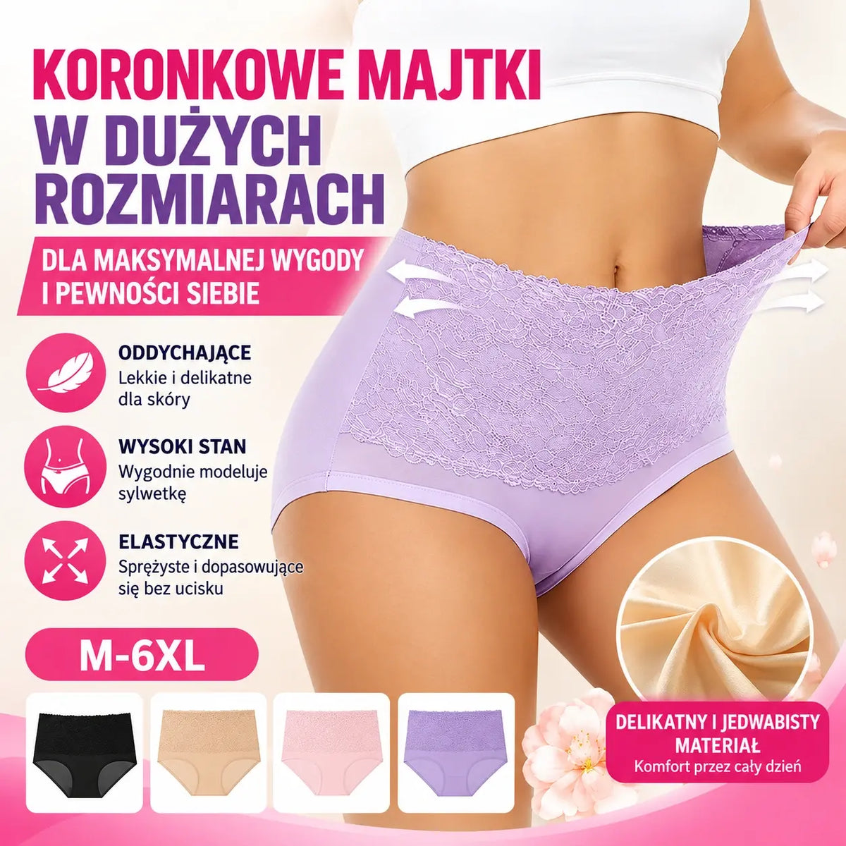 【Zestaw 6 szt.】【M–6XL】💥Ostatni dzień -50%: Damskie majtki z wysokim stanem i koronkowym wykończeniem, dostępne w dużych rozmiarach